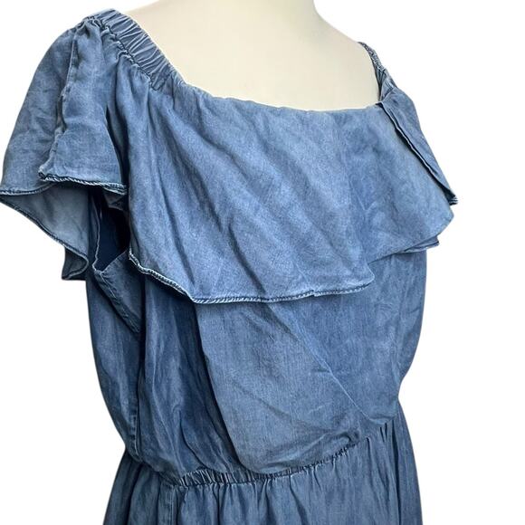 H by Halston Off Shoulder Dress XL Blue Denim Chambray Ruffle Classic Coastal - Picture 2 of 12
